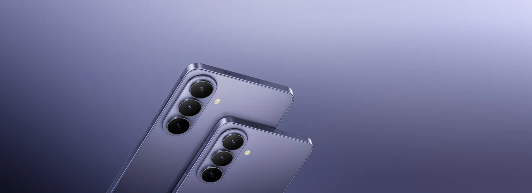 Galaxy S26 and S26+ key visual: two Cobalt Violet phones angled to show their triple rear cameras