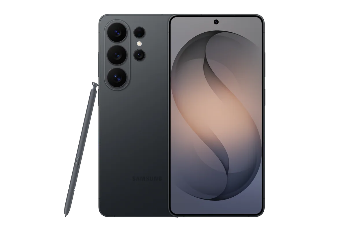 Galaxy S26 Ultra in Black, back and front views with S Pen