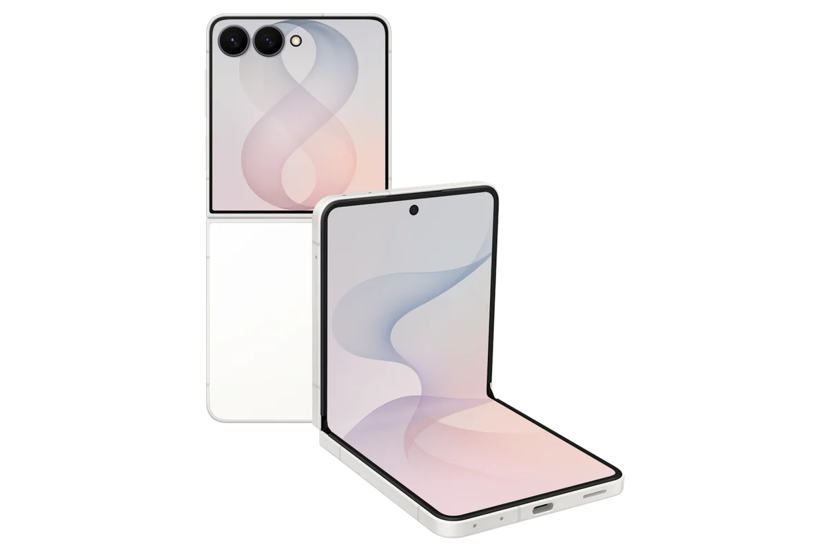 Galaxy Z Flip8 in Cream, one closed (FlexWindow side) and one half-open