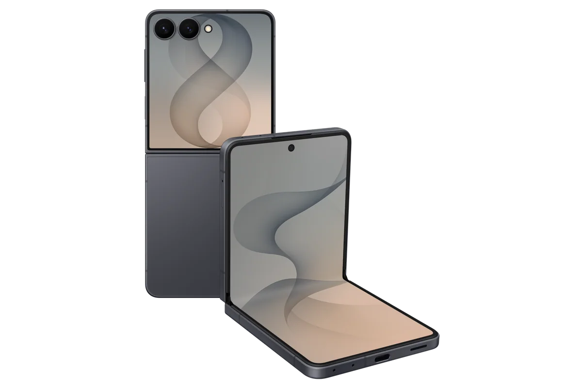 Galaxy Z Flip8 in Graphite, one closed (FlexWindow side) and one half-open