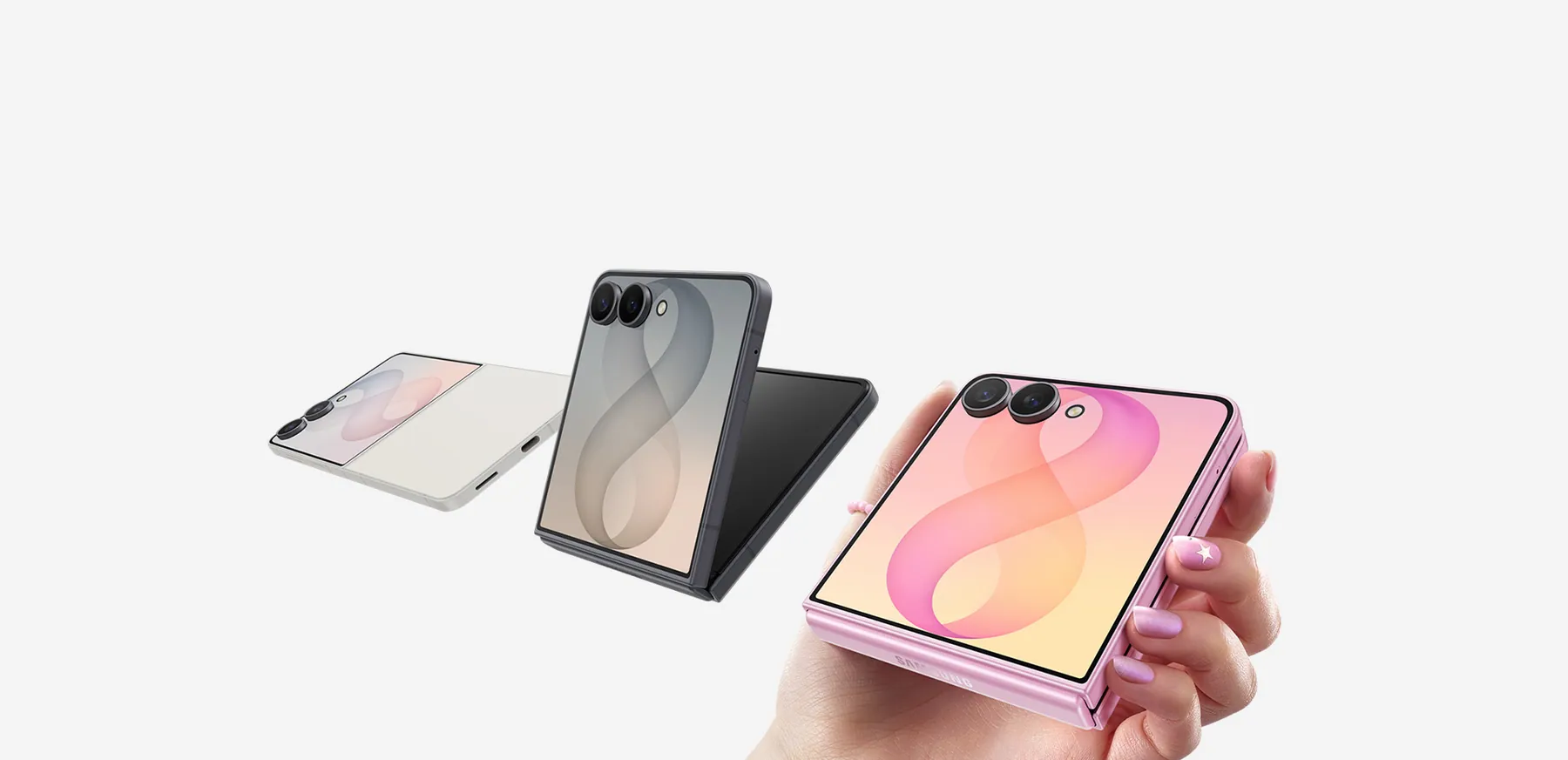 Galaxy Z Flip8 in Cream, Graphite and Pink; the Pink model is held folded in hand