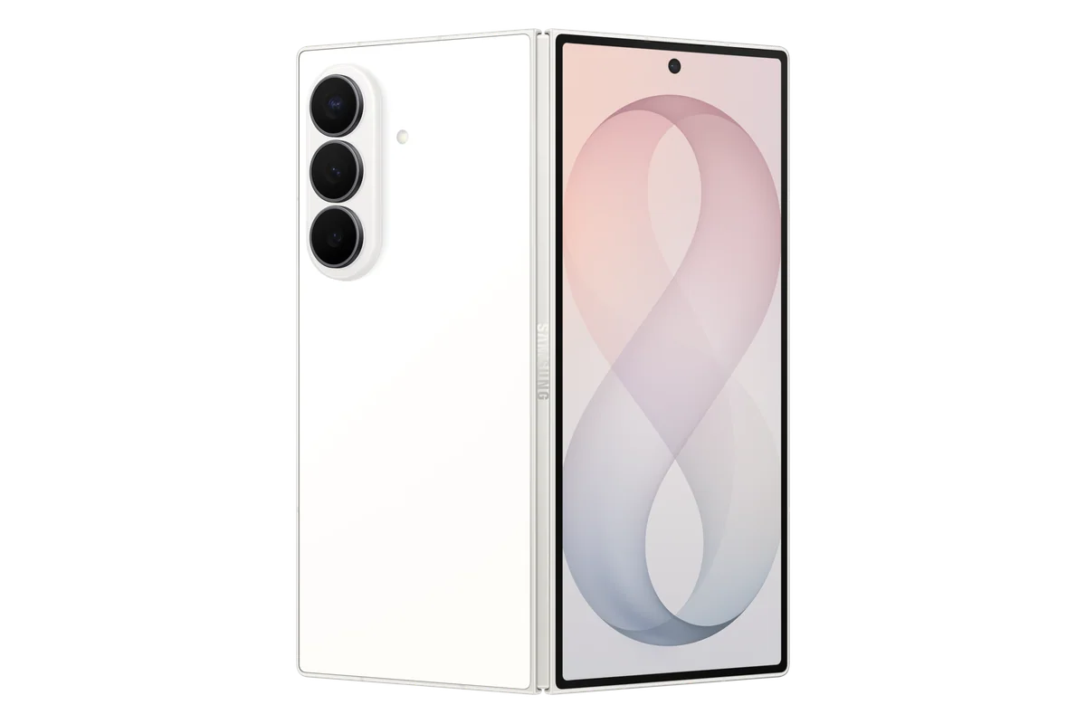 Galaxy Z Fold8 Ultra in Cream, folded, showing the rear cameras and the cover screen