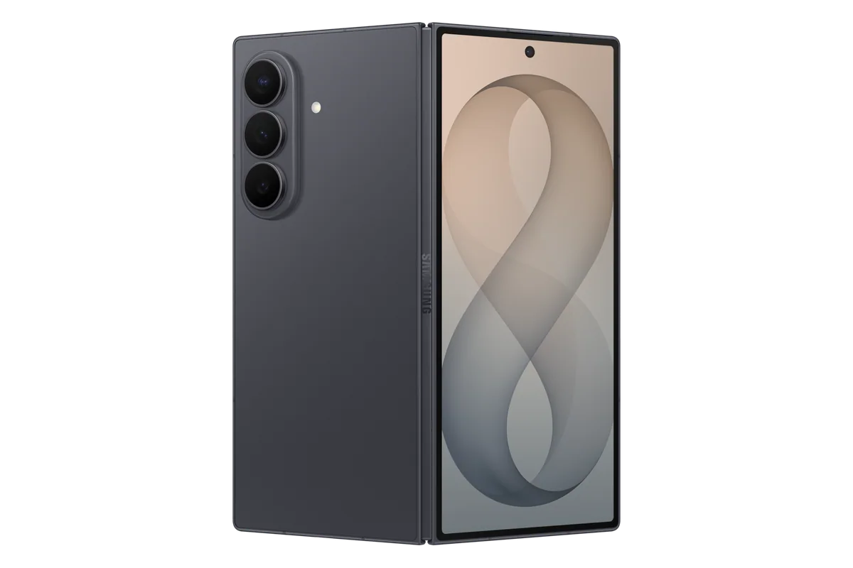 Galaxy Z Fold8 Ultra in Graphite, folded, showing the rear cameras and the cover screen