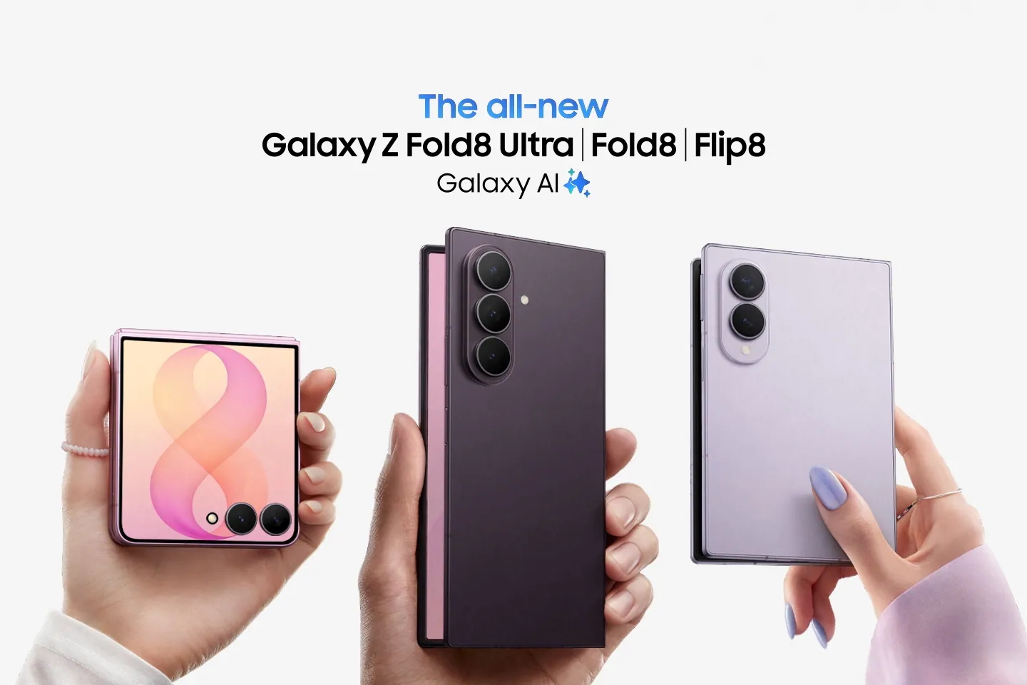Launch key visual of the Galaxy Z Flip8, Z Fold8 Ultra and Z Fold8 held side by side with lineup title text