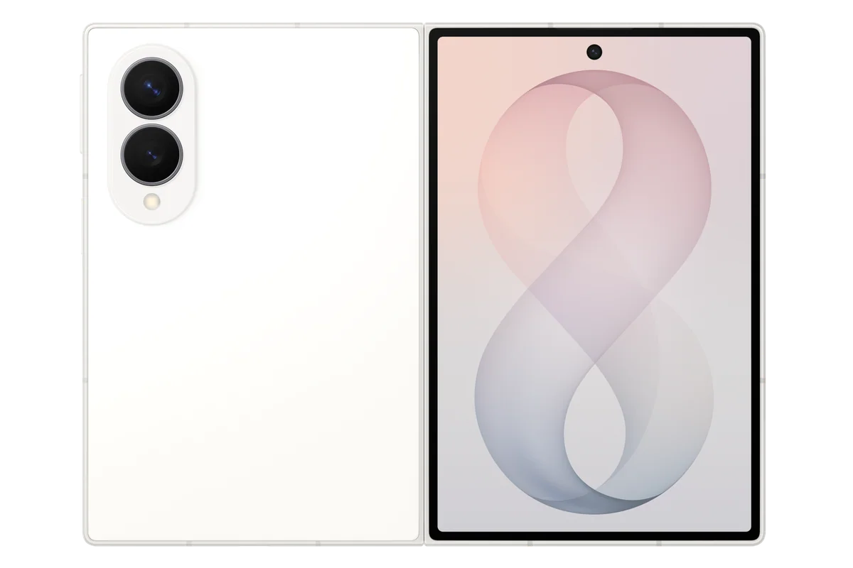Galaxy Z Fold8 in Cream, unfolded rear view showing the back panel and cover screen