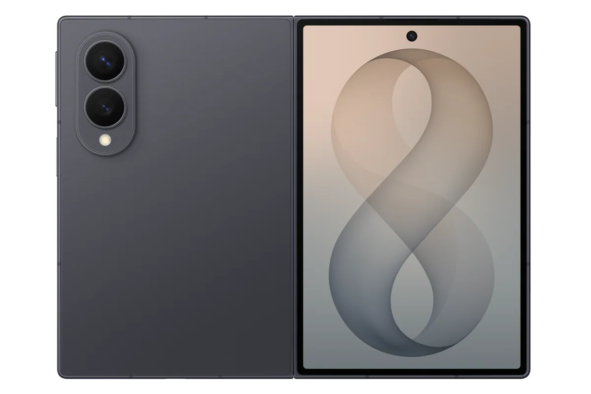 Galaxy Z Fold8 in Graphite, unfolded rear view showing the back panel and cover screen
