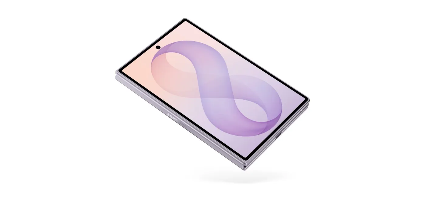 Galaxy Z Fold8 unfolded, floating at an angle to show the wide 4:3 main display
