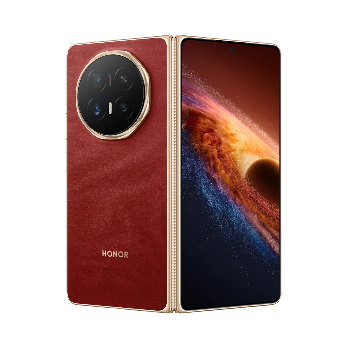 HONOR Magic V6 in Red, folded, back and cover-screen view