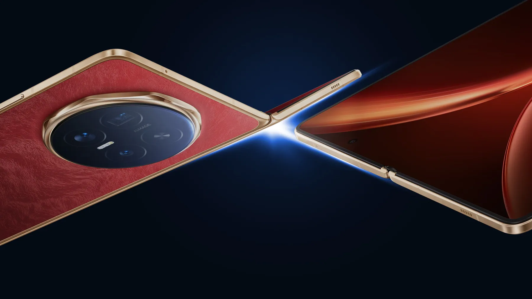 HONOR Magic V6 in Red: textured back with round camera module next to the opened inner screen