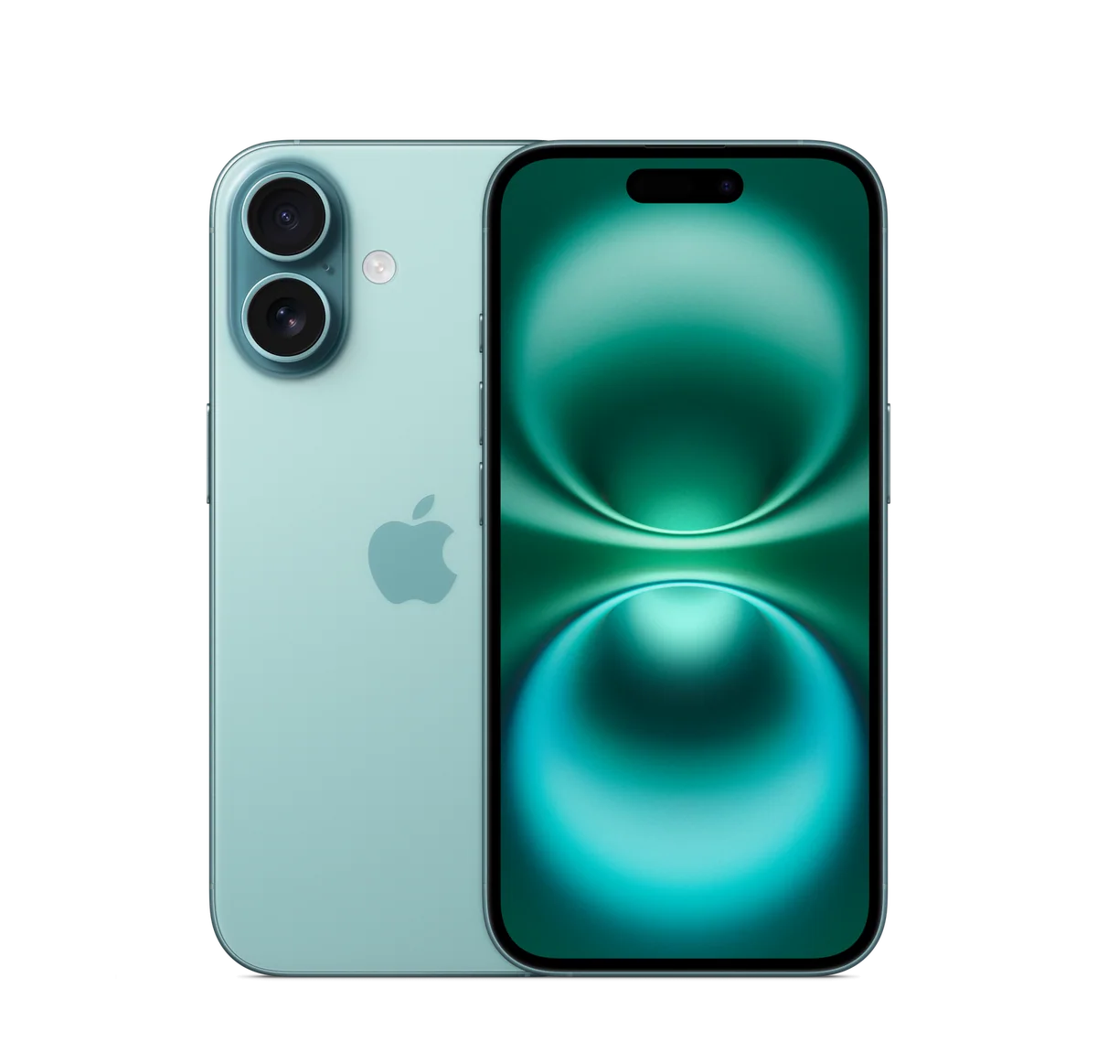 iPhone 16 in Teal, back and front views (transparent background)