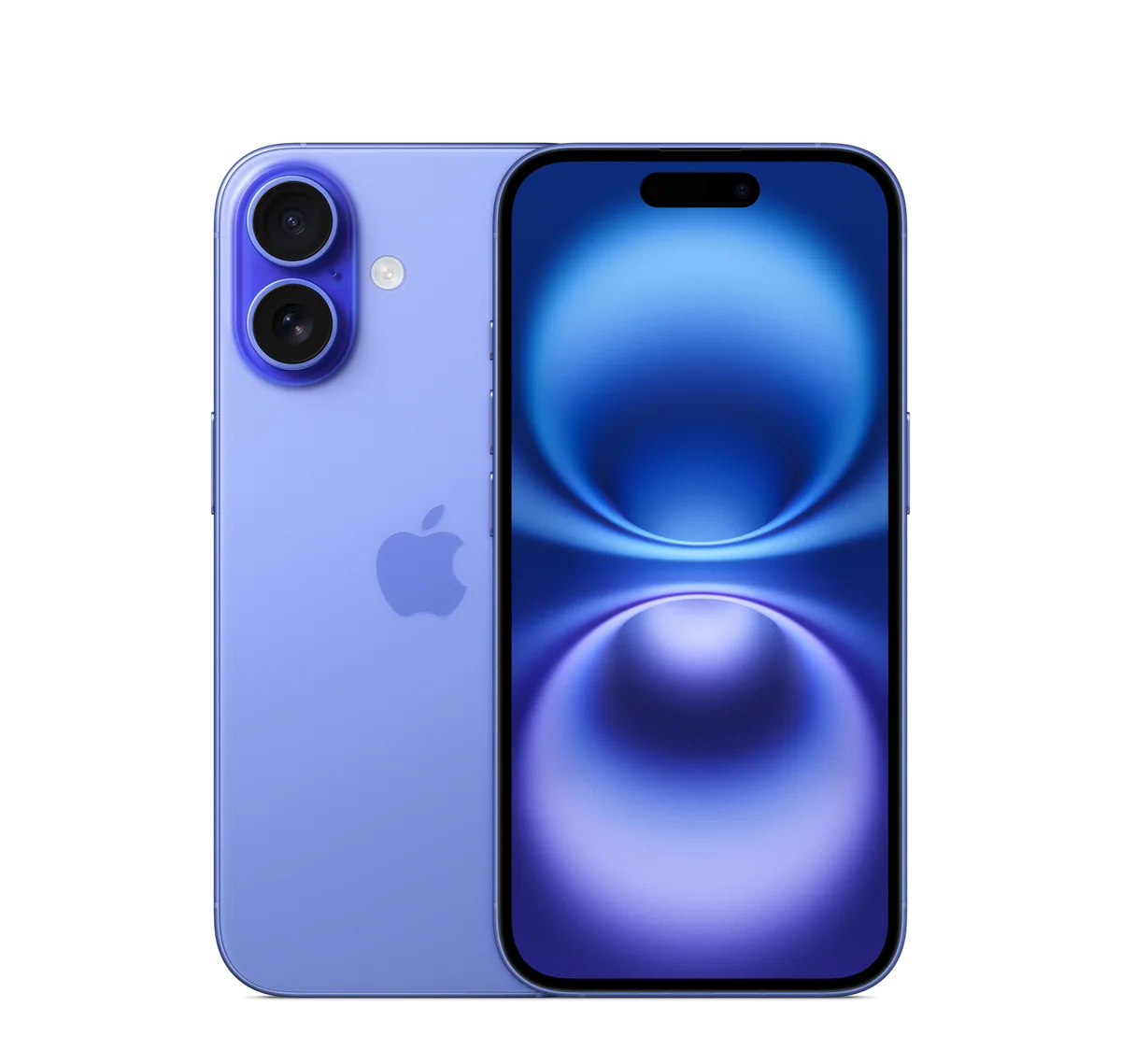 iPhone 16 in Ultramarine, back and front views (transparent background)