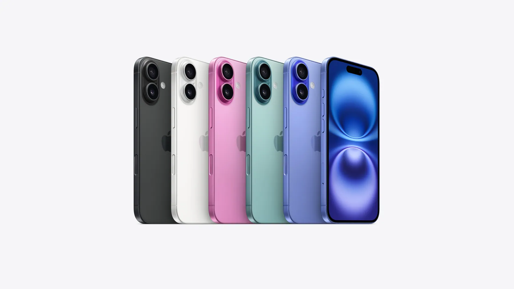 iPhone 16 in all five finishes, back views plus Ultramarine front display