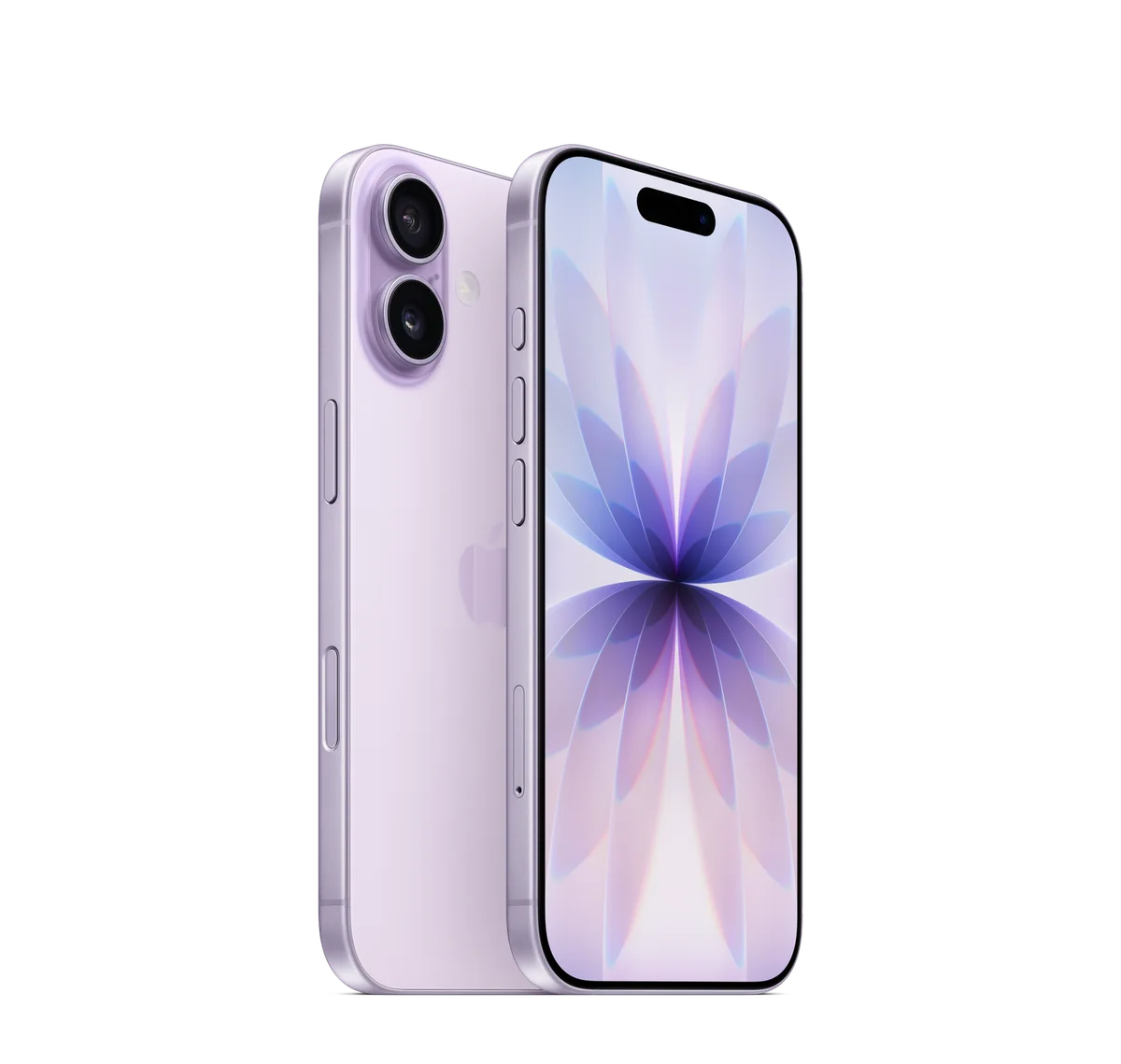 iPhone 17 in Lavender, back and front views (transparent background)