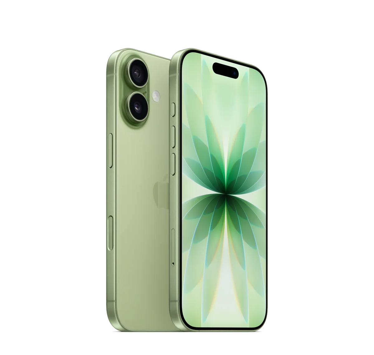iPhone 17 in Sage, back and front views (transparent background)