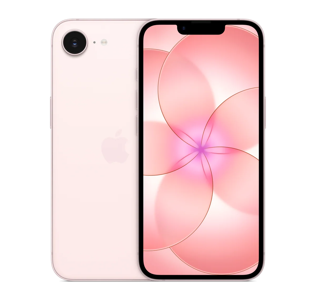 iPhone 17e in Soft Pink, back and front views (transparent background)