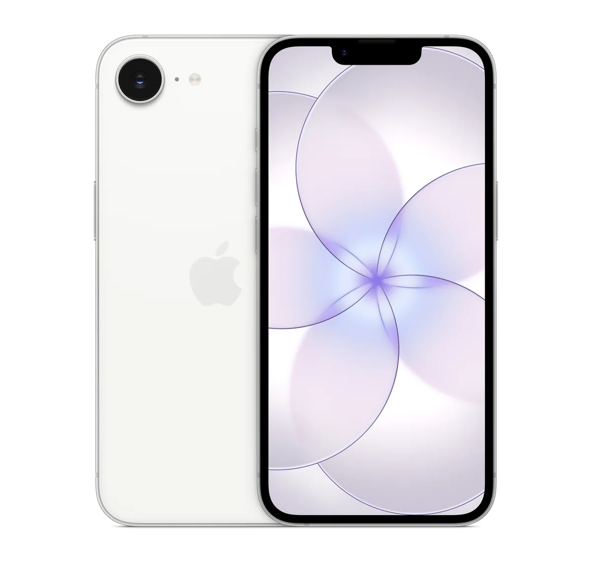 iPhone 17e in White, back and front views (transparent background)