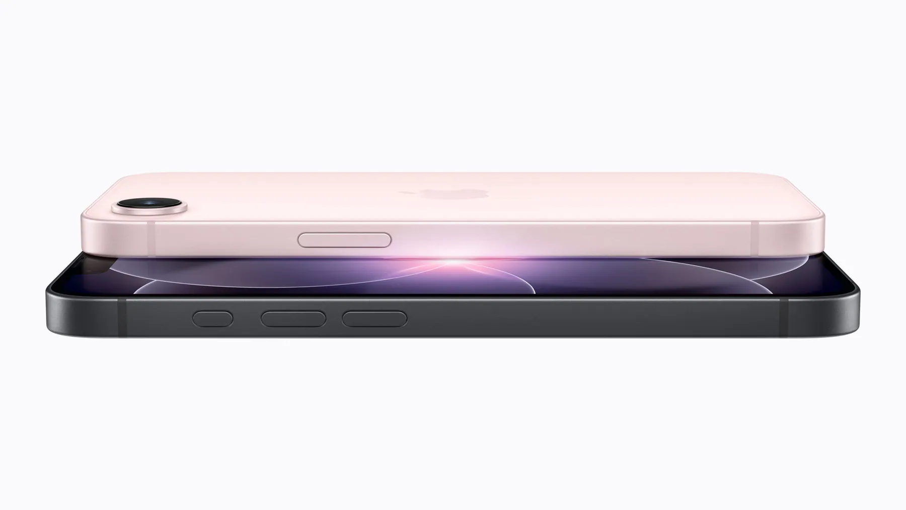 iPhone 17e in Soft Pink stacked above a Black model, side view