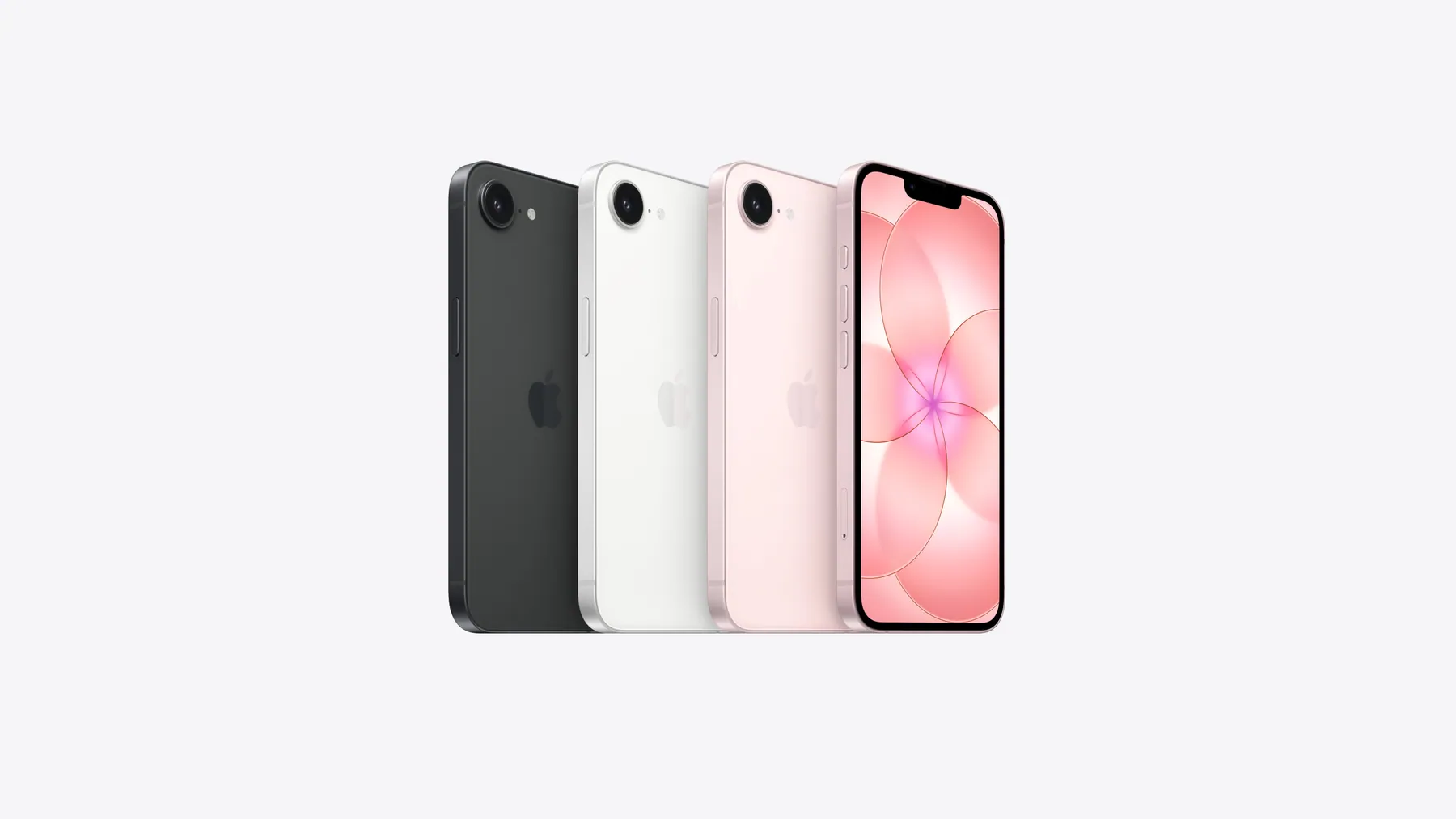 iPhone 17e in Black, White and Soft Pink, back views plus front display