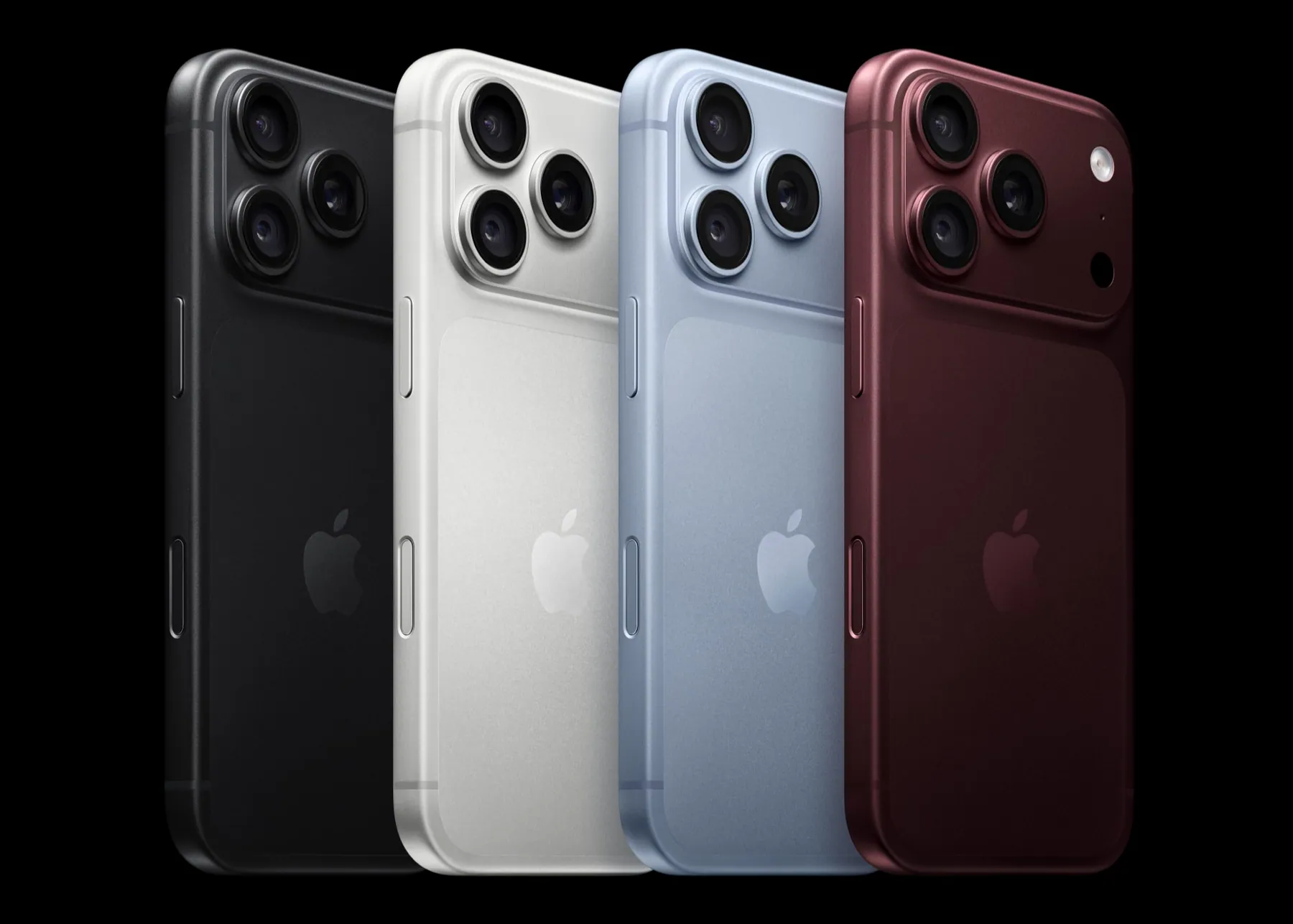 iPhone 18 Pro lineup in Black, Silver, Glacier and Burgundy, back view with triple camera