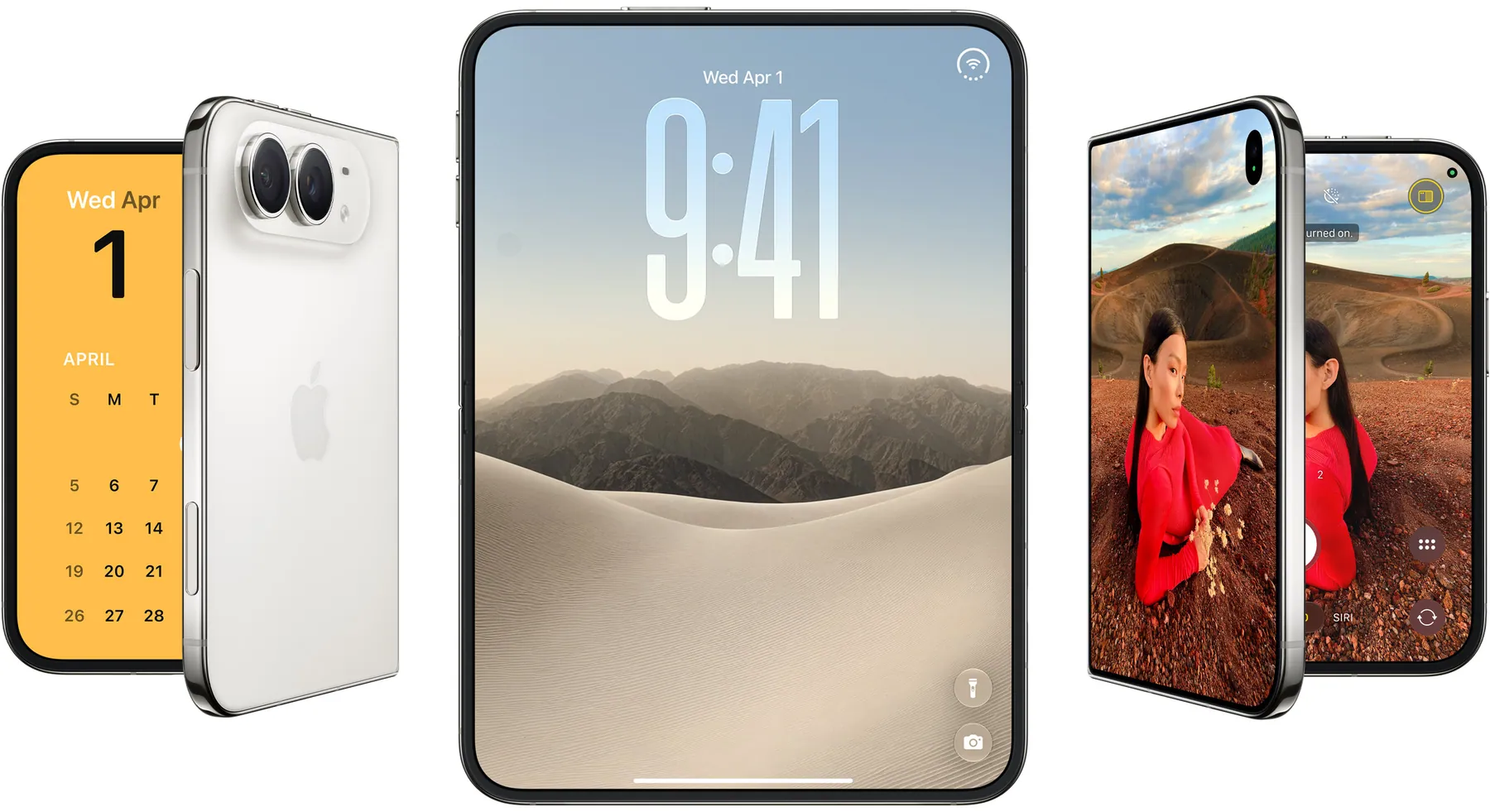 iPhone Duo shown three ways: folded back with camera, open inner display, and camera in use