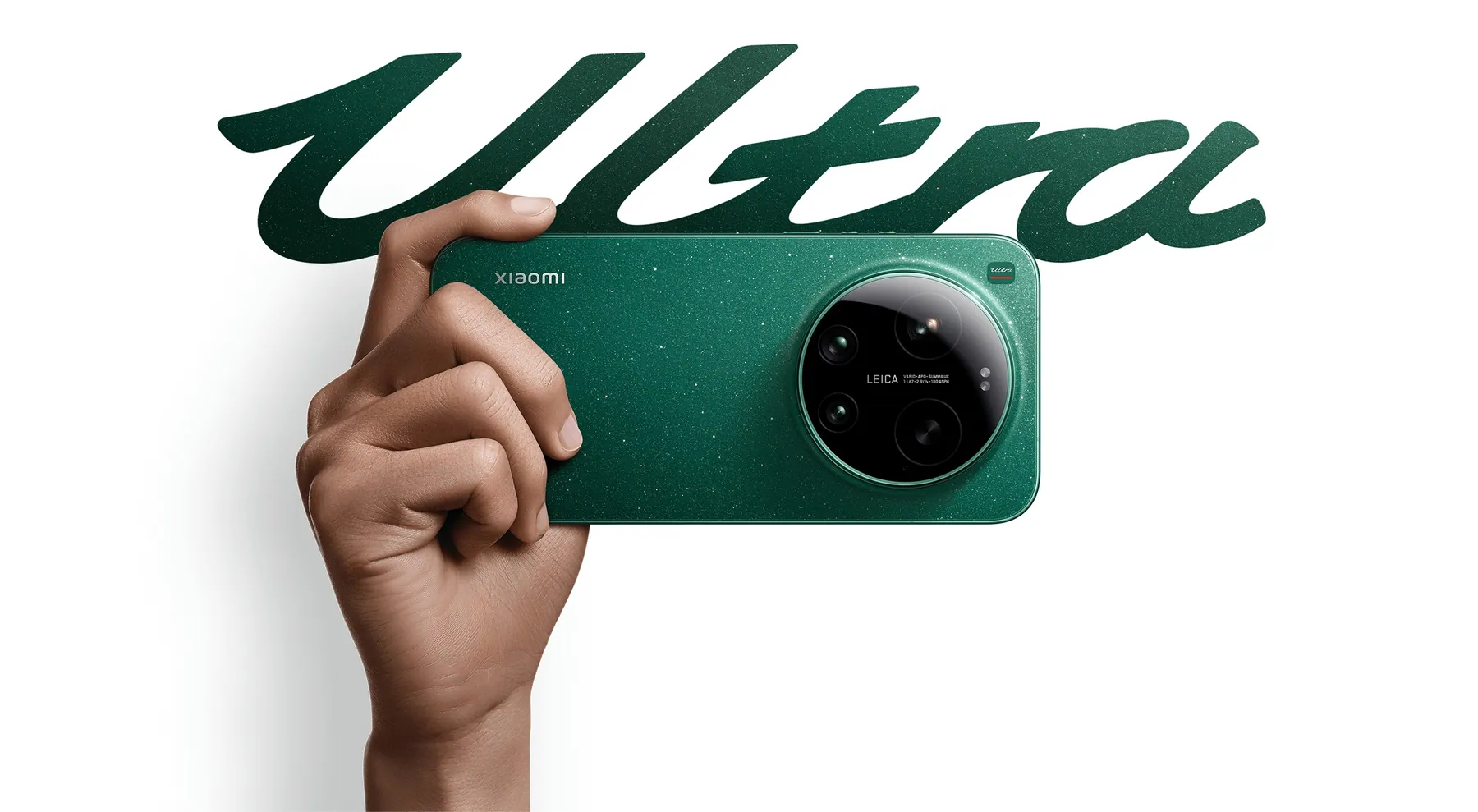 Xiaomi 17 Ultra in Starlit Green held in hand in front of a large green "Ultra" script (launch key visual)