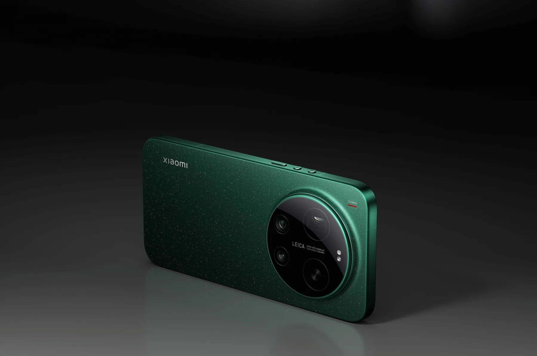Xiaomi 17 Ultra in Starlit Green, rear three-quarter view on a dark studio background