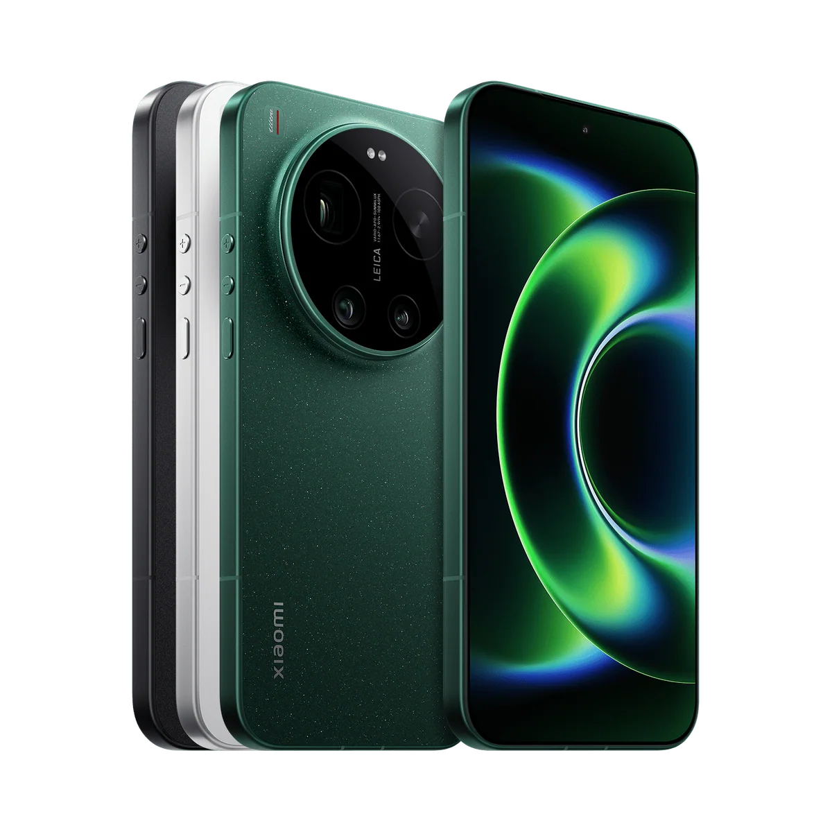 Xiaomi 17 Ultra colour line-up (Black, White, Starlit Green backs plus front view), transparent background