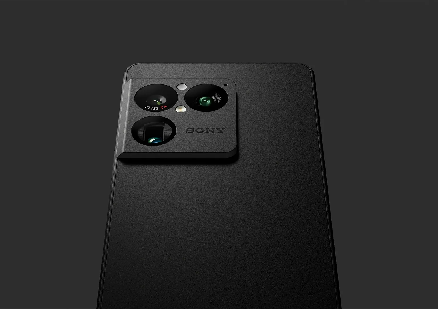 Close-up of the Xperia 1 VIII rear triple-camera module (Graphite Black) on a dark background