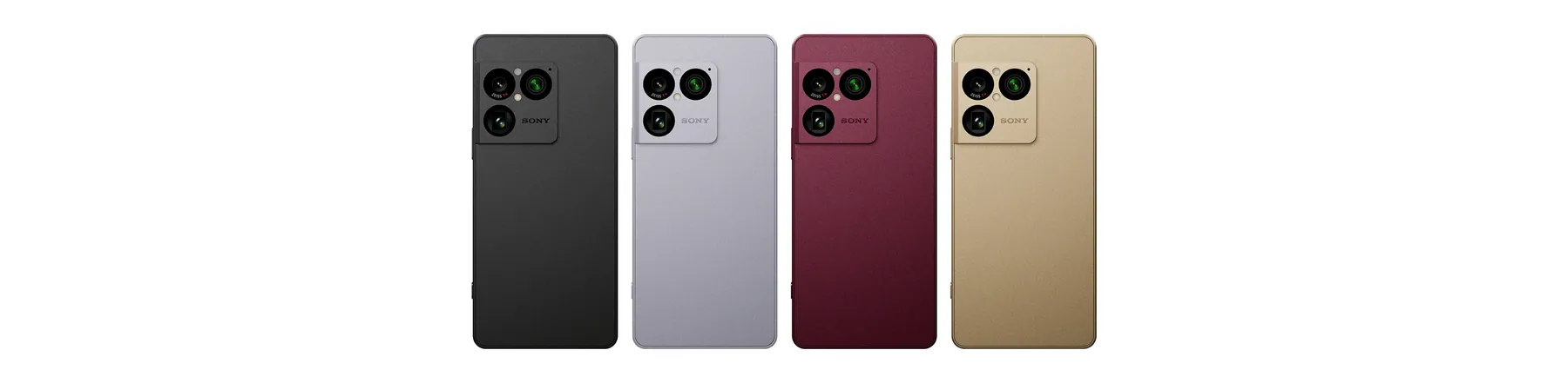Wide banner: rear views of Xperia 1 VIII in Graphite Black, Iolite Silver, Garnet Red and Native Gold