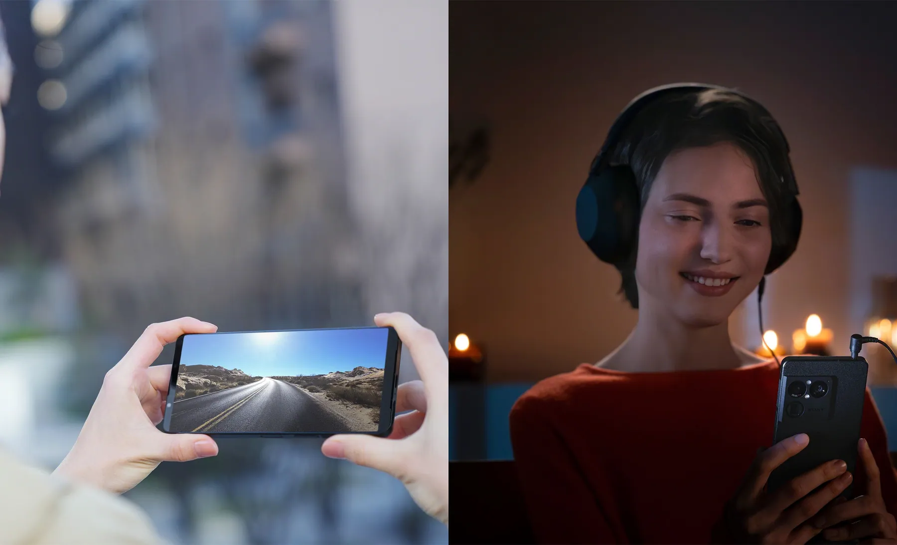 Split lifestyle image: Xperia 1 VIII held landscape for video, and a user listening with wired headphones